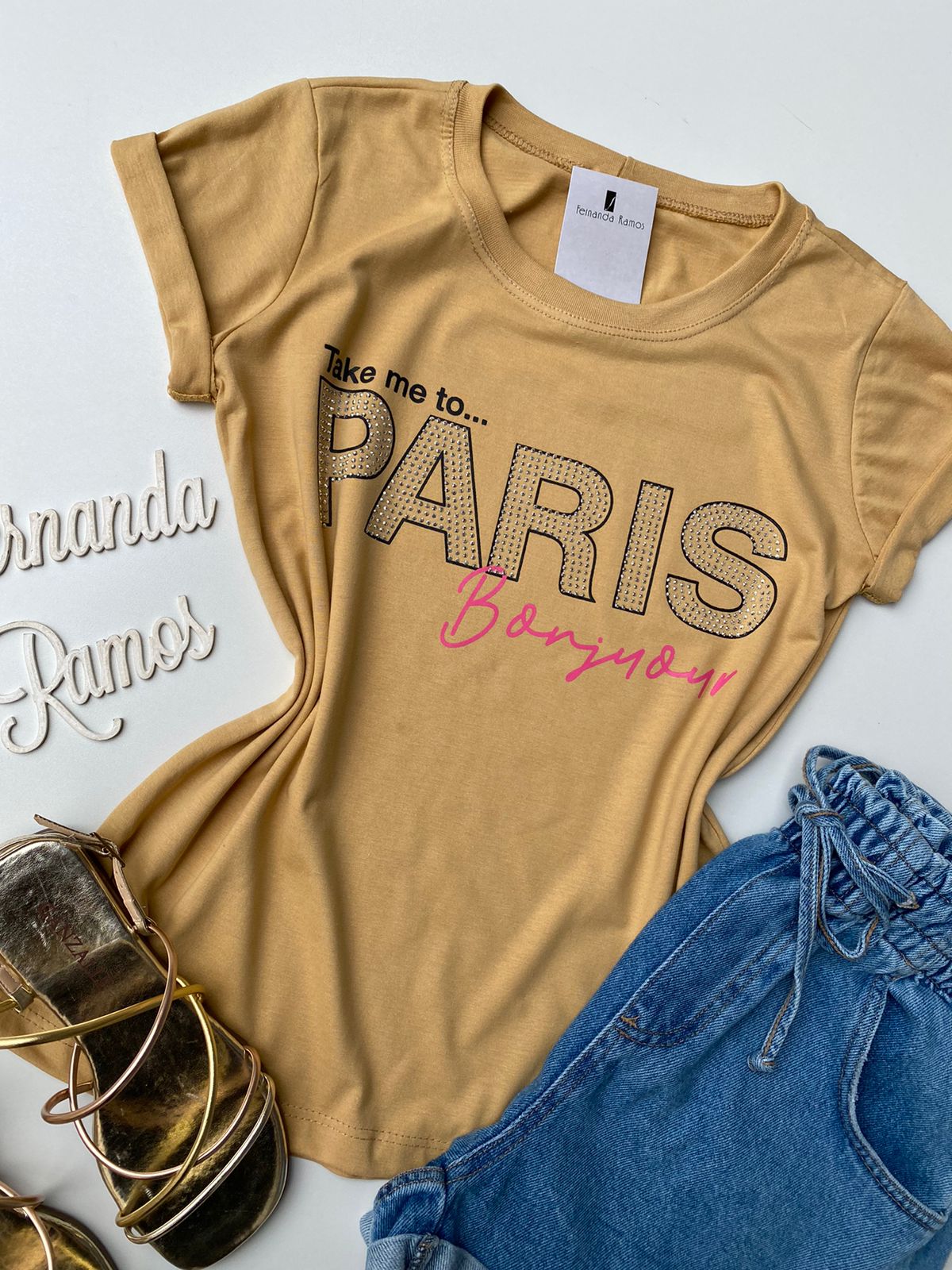 T Shirt Feminina Manga Curta Take Me To Paris Bege Fernanda Ramos Store