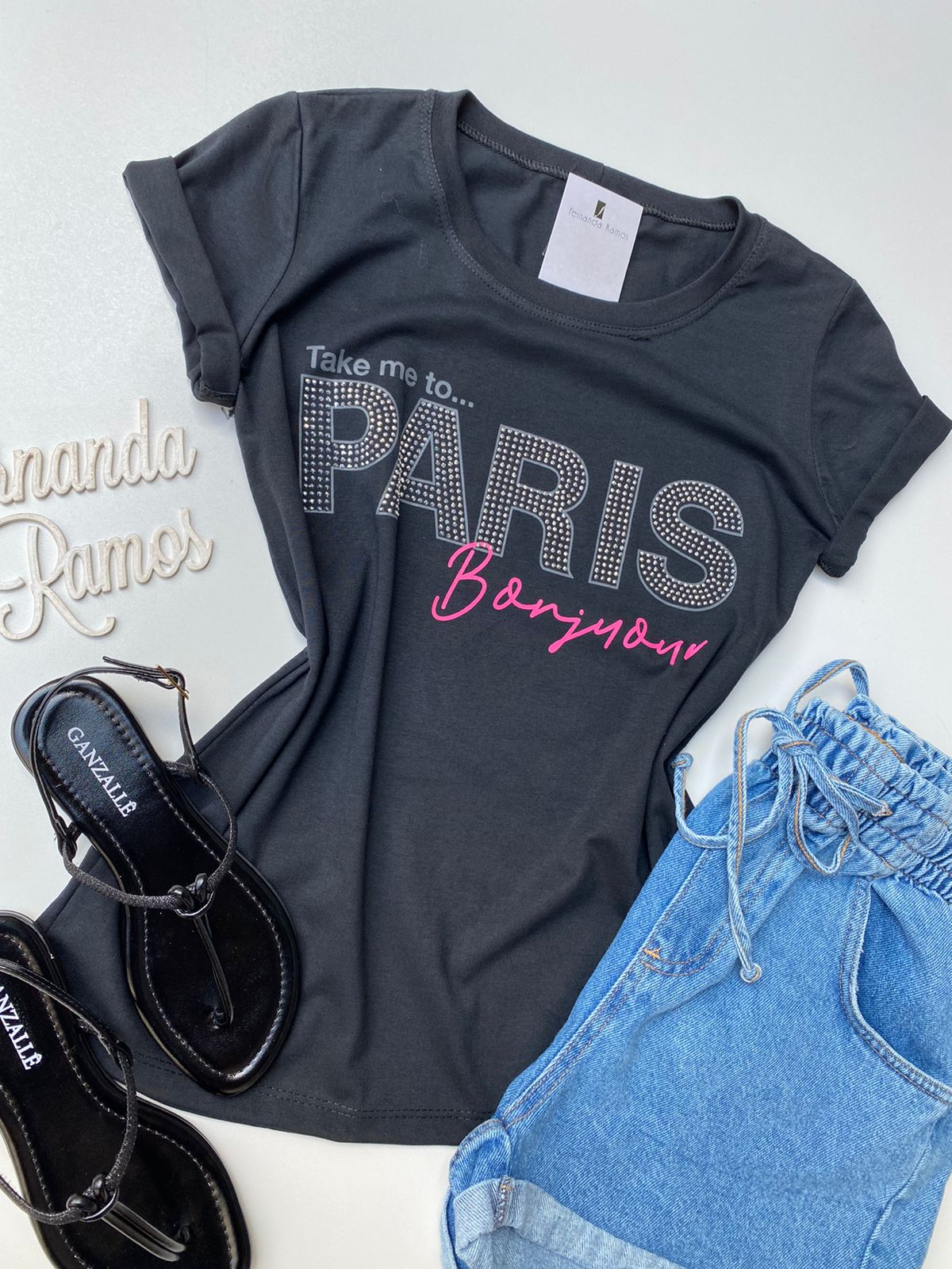 T Shirt Feminina Manga Curta Take Me To Paris Preta Fernanda Ramos Store