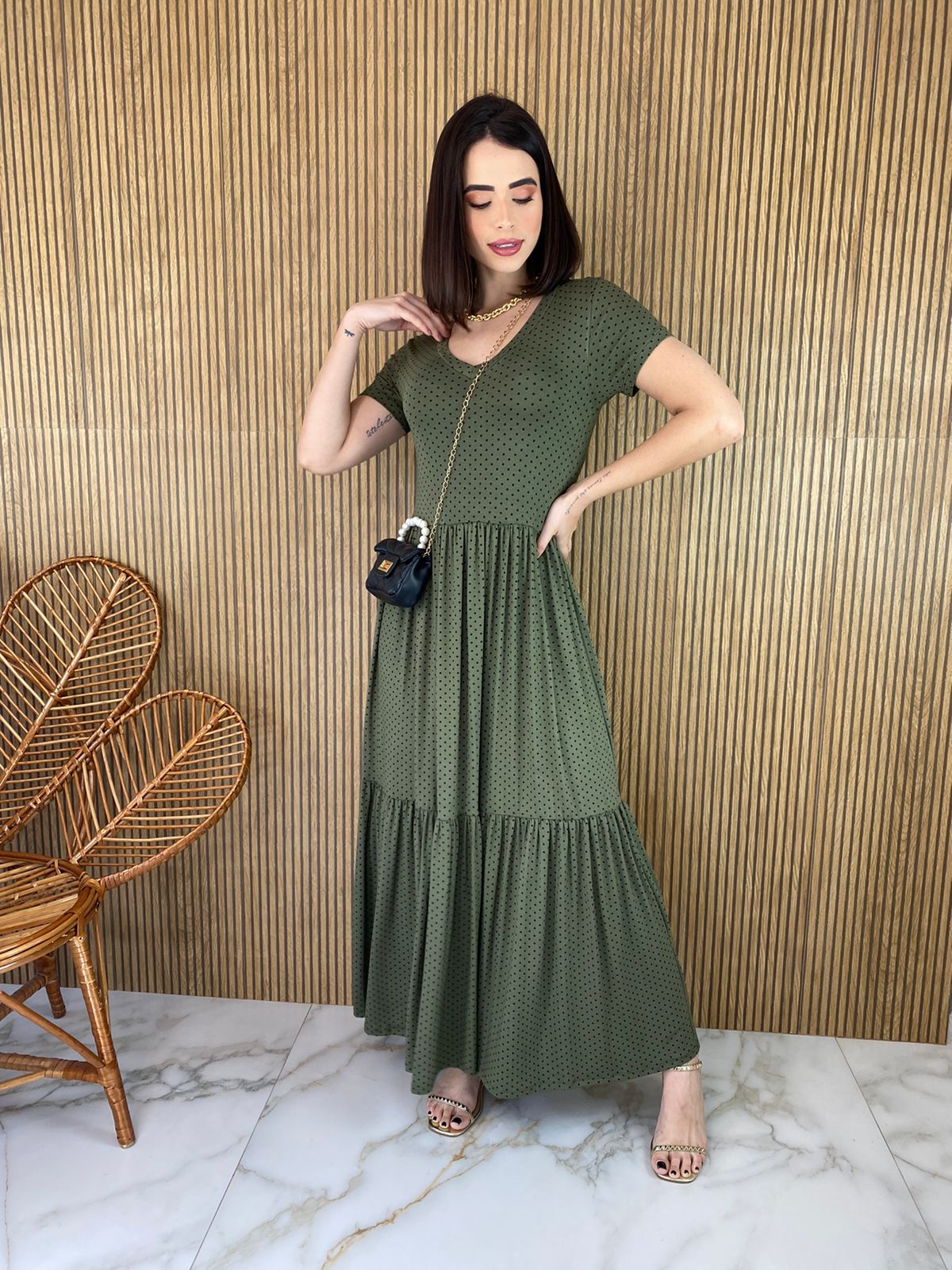 Vestido Longo De Malha Manga Curta Verde Oliva Po Fernanda Ramos Store