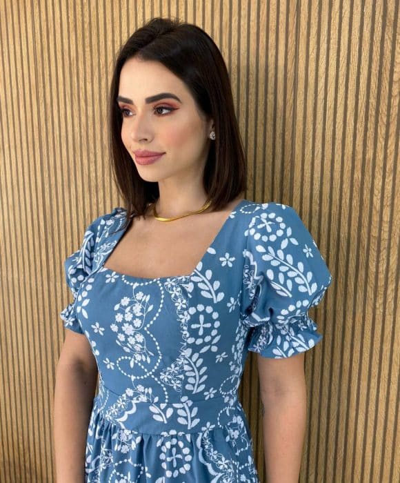 Vestido Longo Sem Bojo Manga Bufante Azul Fernanda Ramos Store