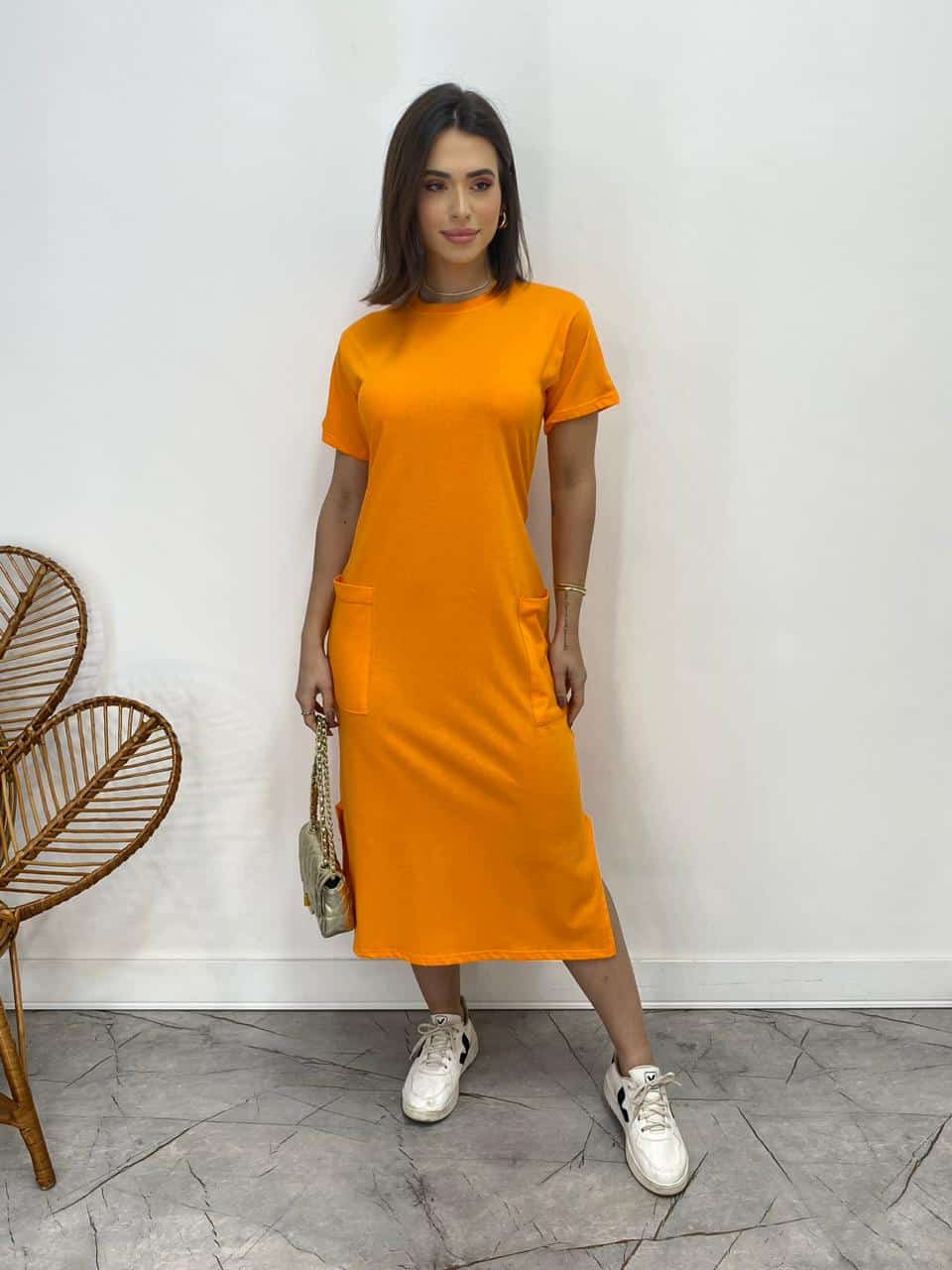 Vestido Midi Manga Curta Bolsos Fernanda Ramos Store