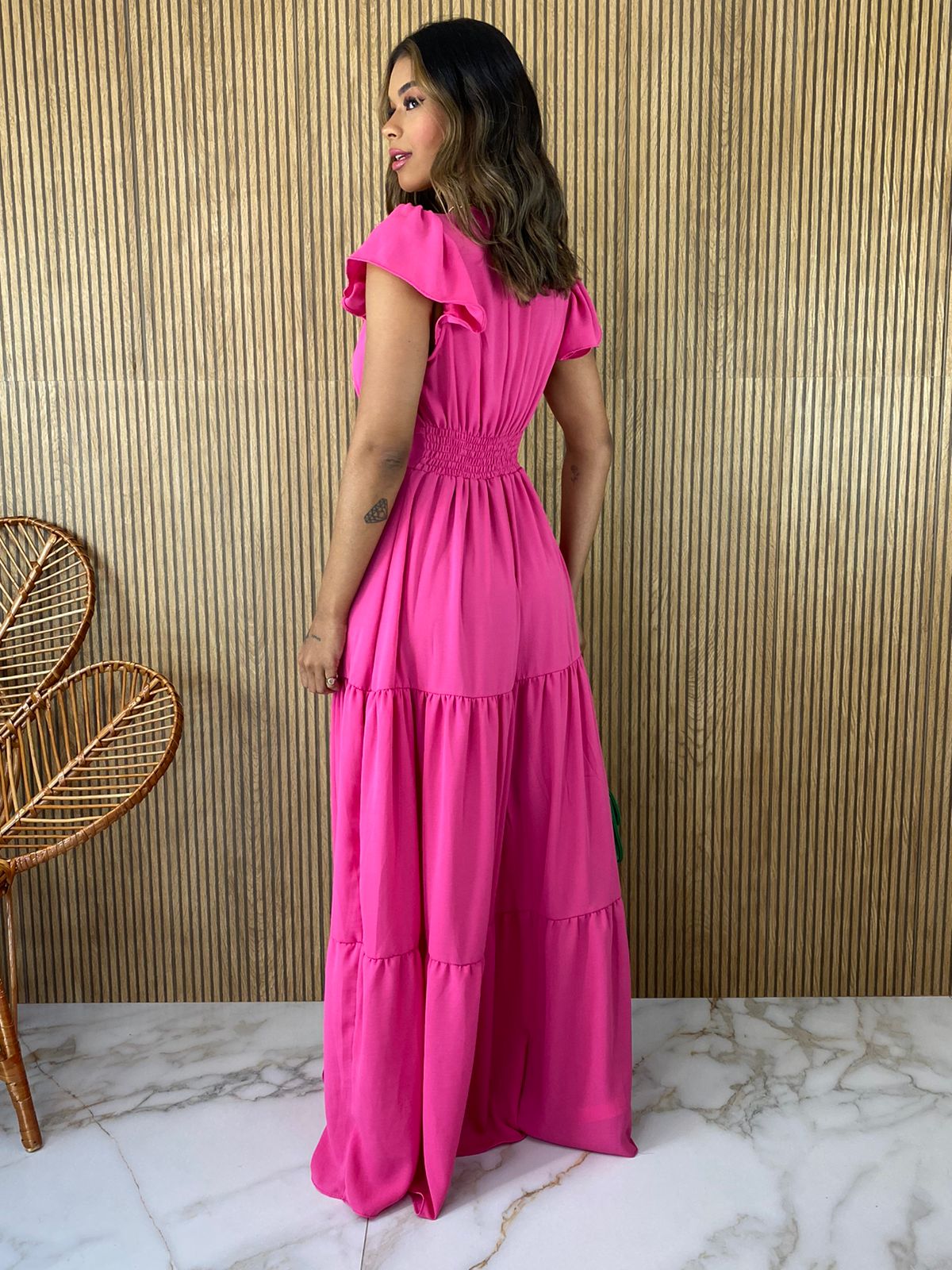 Vestido Longo Sem Bojo Com Botões Babadinho Nas Mangas Pink - Fernanda ...