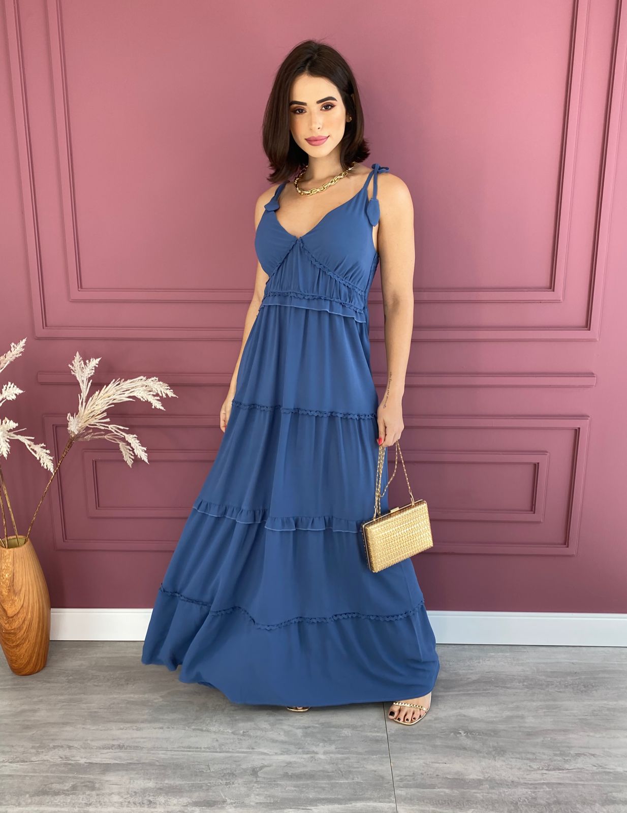 Vestido Longo Com Bojo Alças Amarração Azul | Fernanda Ramos Store