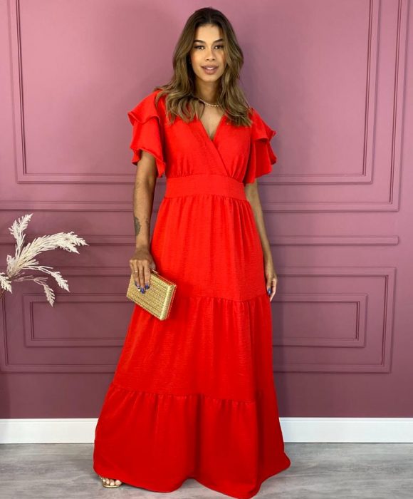 Vestido Longo Sem Bojo Decote V Vermelho | Fernanda Ramos Store