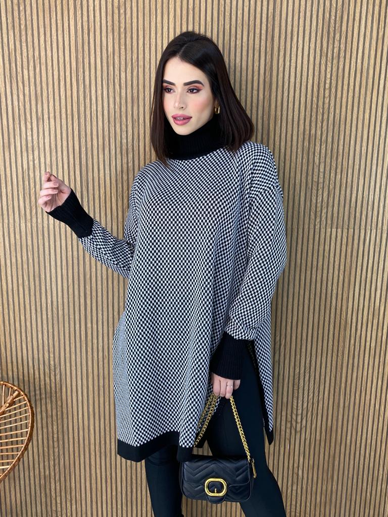 Poncho Feminino Xadrez Preto e Branco - Fernanda Ramos Store