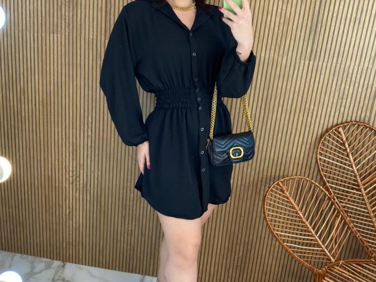 LORNA LUXE BLACK 'VICTORIA' EXAGGERATED PUFF BALL SHIRT DRESS