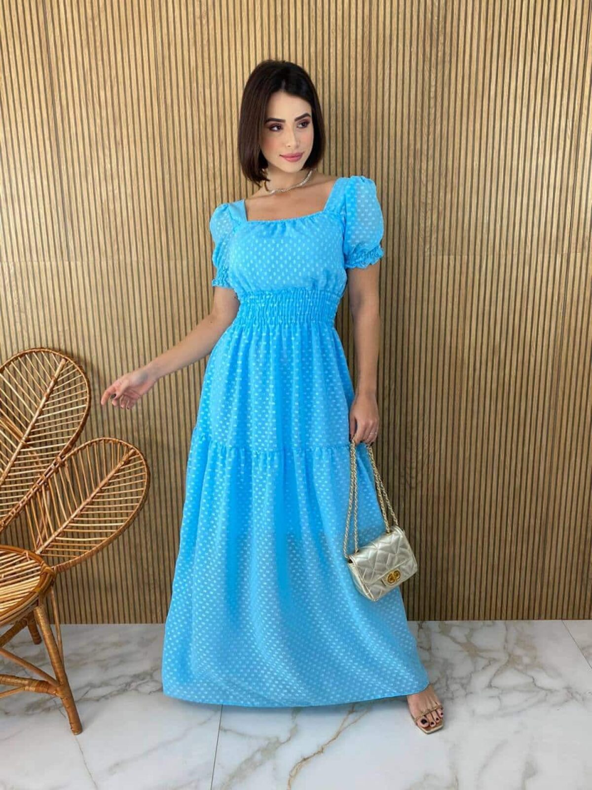 Vestido Longo sem Bojo Lastex na Cintura Manga Princesa Azul Bebe