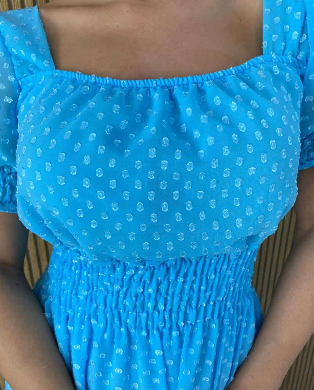 Vestido Longo sem Bojo Lastex na Cintura Manga Princesa Azul Bebe