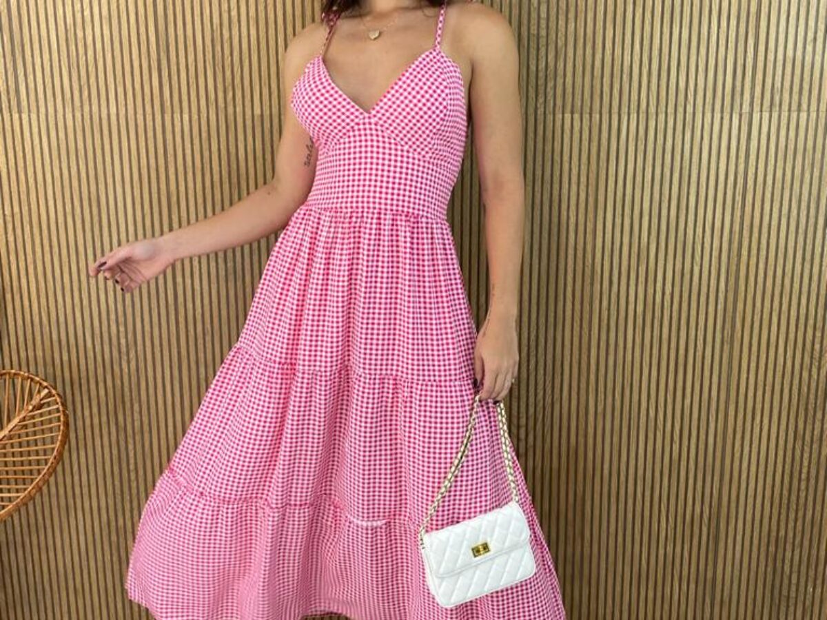 Vestido Midi Xadrez Rosa com Alças de Amarração - Steffany