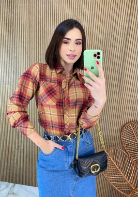 Camisa Feminina Manga Longa Isis Xadrez Flanelada Caramelo Fernanda Ramos Store