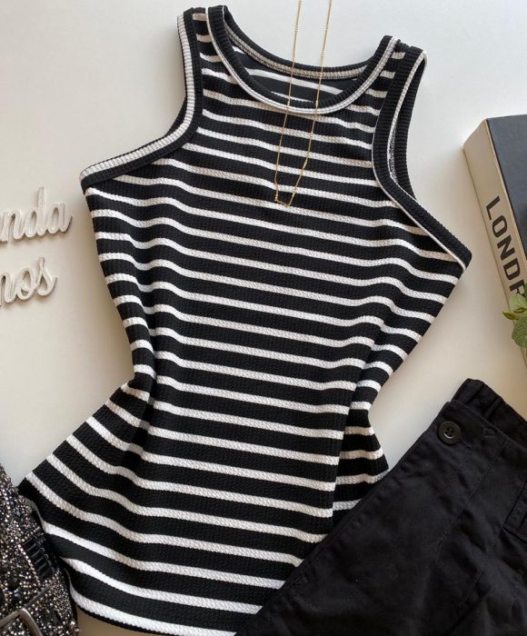 fernandaramosstore com br Regata Feminina Canelada Ana Lívia Listrada Preta 1