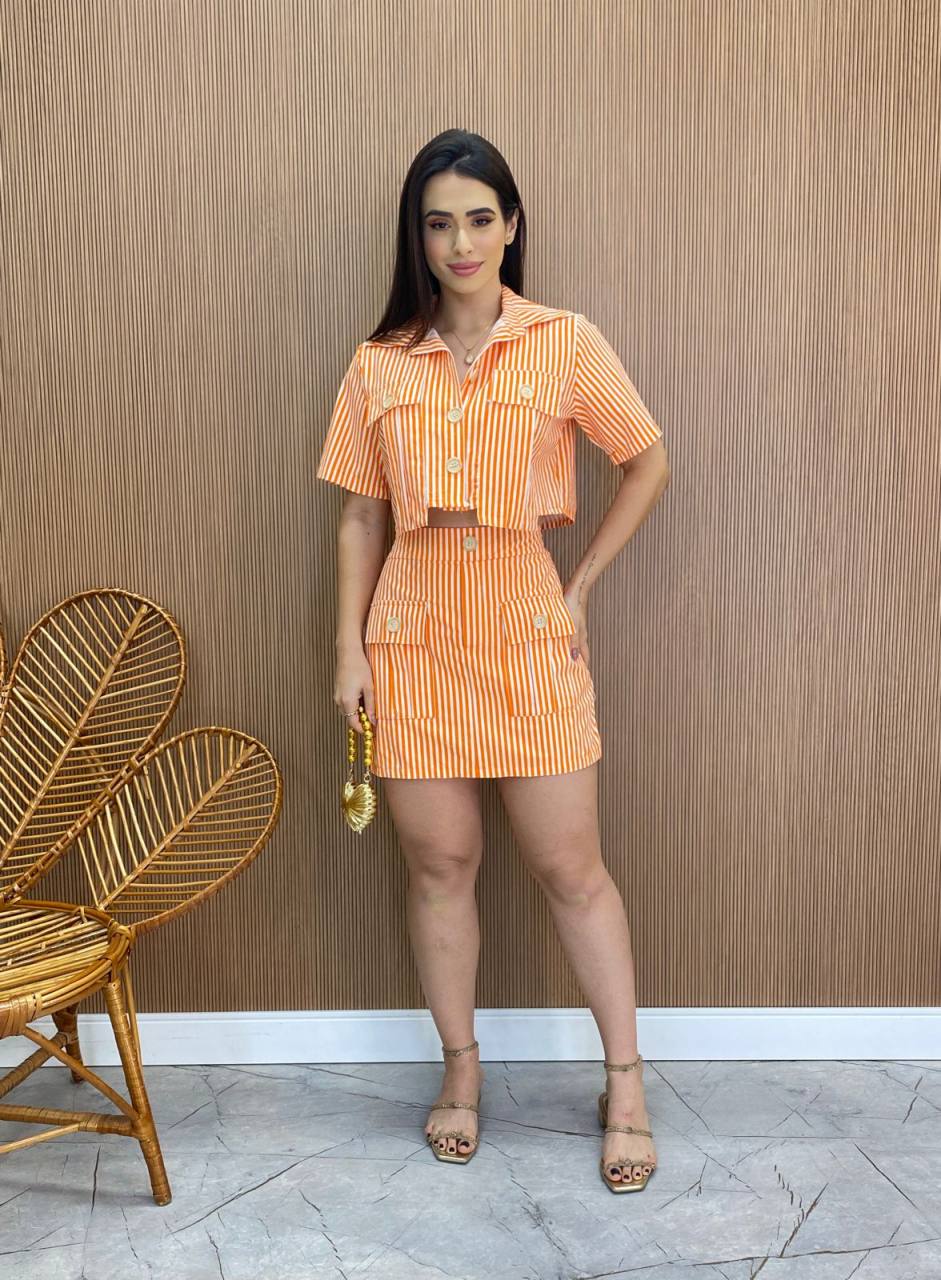 fernandaramosstore com br Conjunto Feminino Bia Cropped sem Bojo e Short Saia Listrado Laranja2