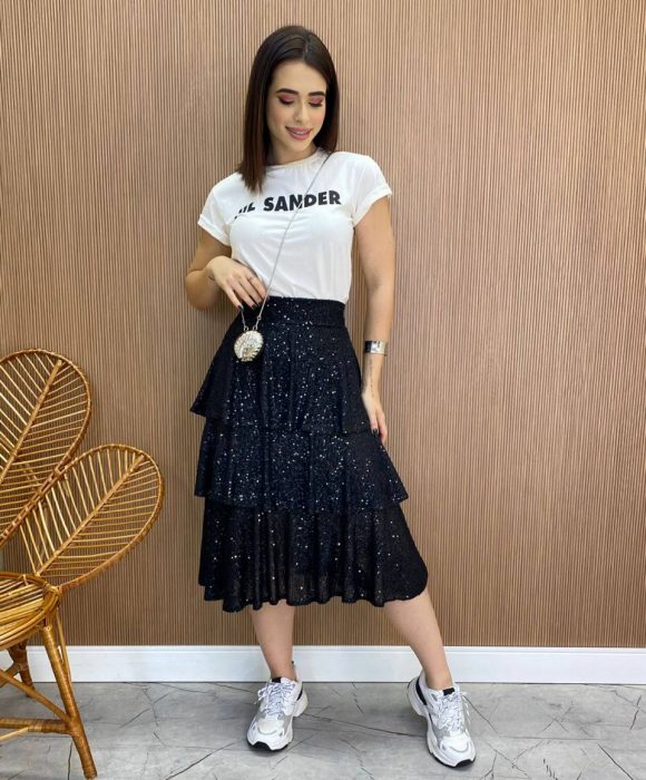 fernandaramosstore com br Saia Midi Feminina Bianca de Paetê em Camadas Preta