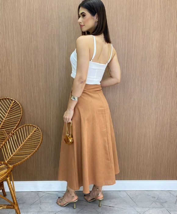 fernandaramosstore com br Saia Midi Feminina Viscolinho com Botões Caramelo3