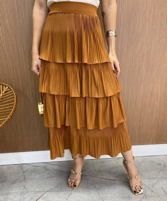 fernandaramosstore com br Saia Midi Melissa Plissada em Camadas Caramelo1