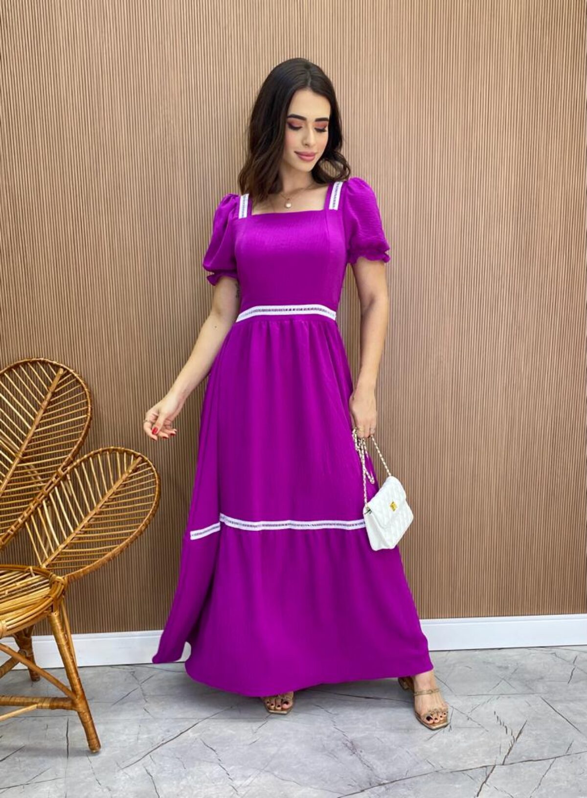 Vestido Longo sem Bojo Lastex na Cintura Manga Princesa Azul Bebe