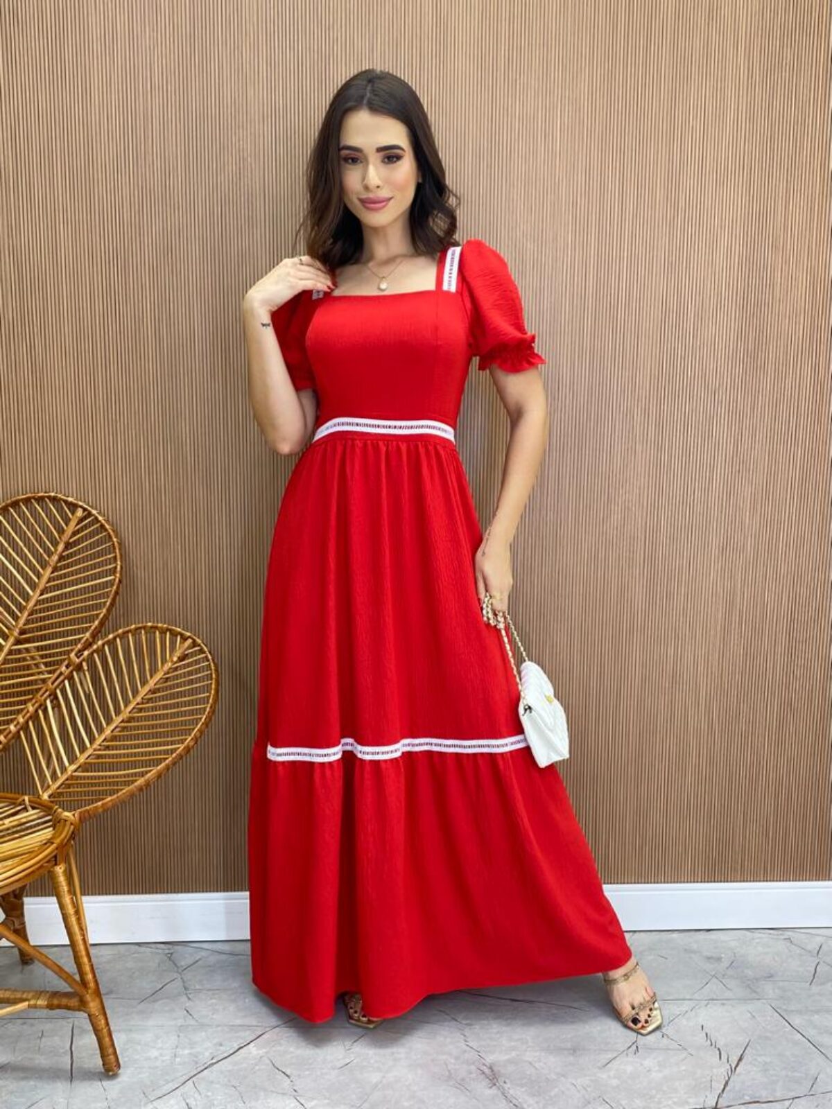 Vestido Longo Lastex Busto Manga Princesa - Vermelho – polibicalho