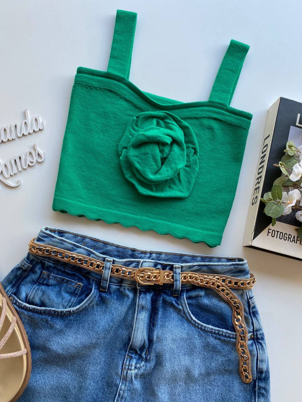 fernandaramosstore com br Cropped Feminino Tricot sem Bojo Verde com Detalhe em Flor1