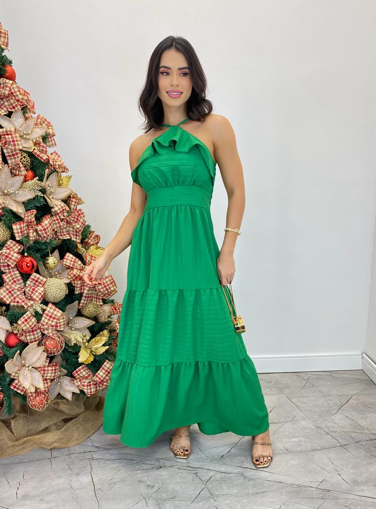 Vestido Longo Cecília Verde Alça Regulável com Bojo Detalhe de Babado Fernanda Ramos Store