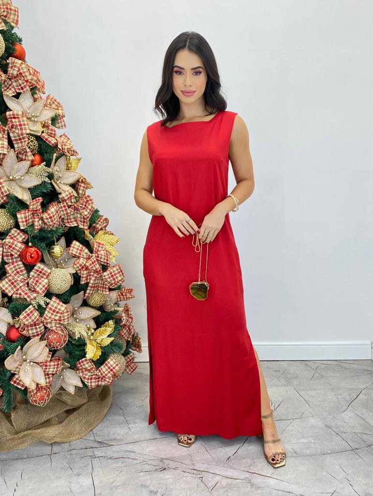 fernandaramosstore com br Vestido Longo de Linho Alça Grossa com Fenda Lateral Vermelho1