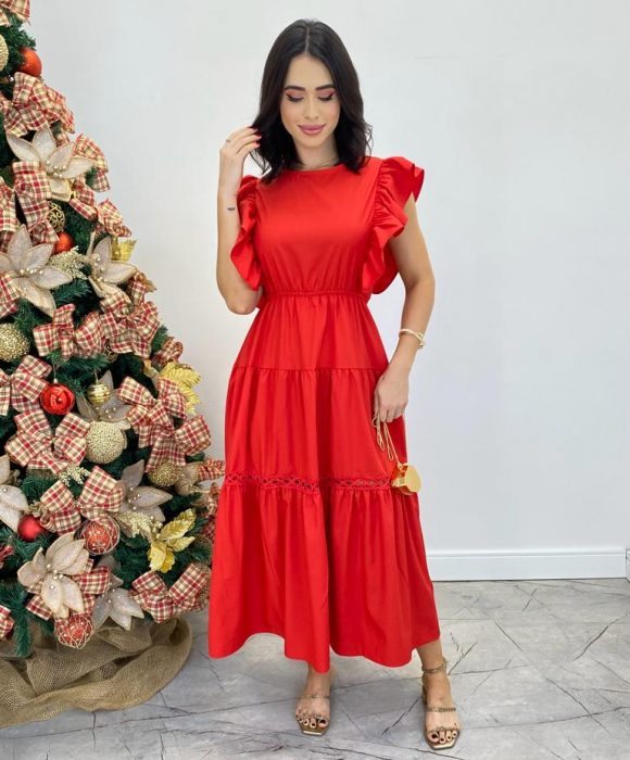 Vestido vermelho best sale midi com babado